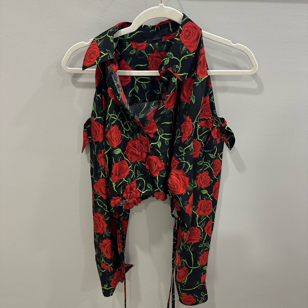 Alexander Wang Black and Red Long Sleeve Blouse with Cut Out Tie Front